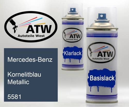 Mercedes-Benz, Kornelitblau Metallic, 5581: 400ml Sprühdose + 400ml Klarlack - Set, von ATW Autoteile West.